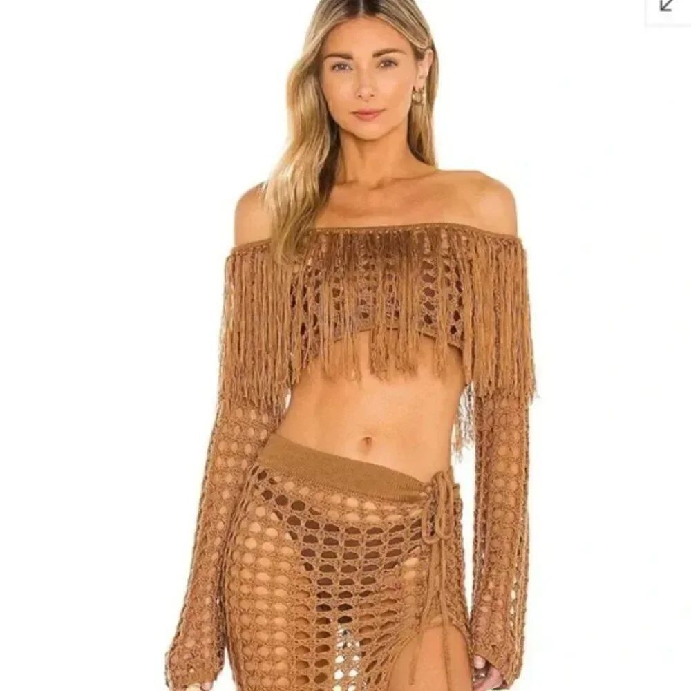 LOVERS + FRIENDS STELLAR BROWN/TAN FRINGE SWEATER IN TAN SIZE XS NWOT